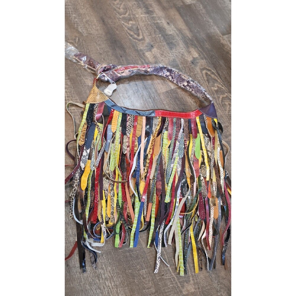 Multicolor Fringe Shoulder Bag Animal Print Zip Gold Hardware Women Leather - Picture 2 of 15